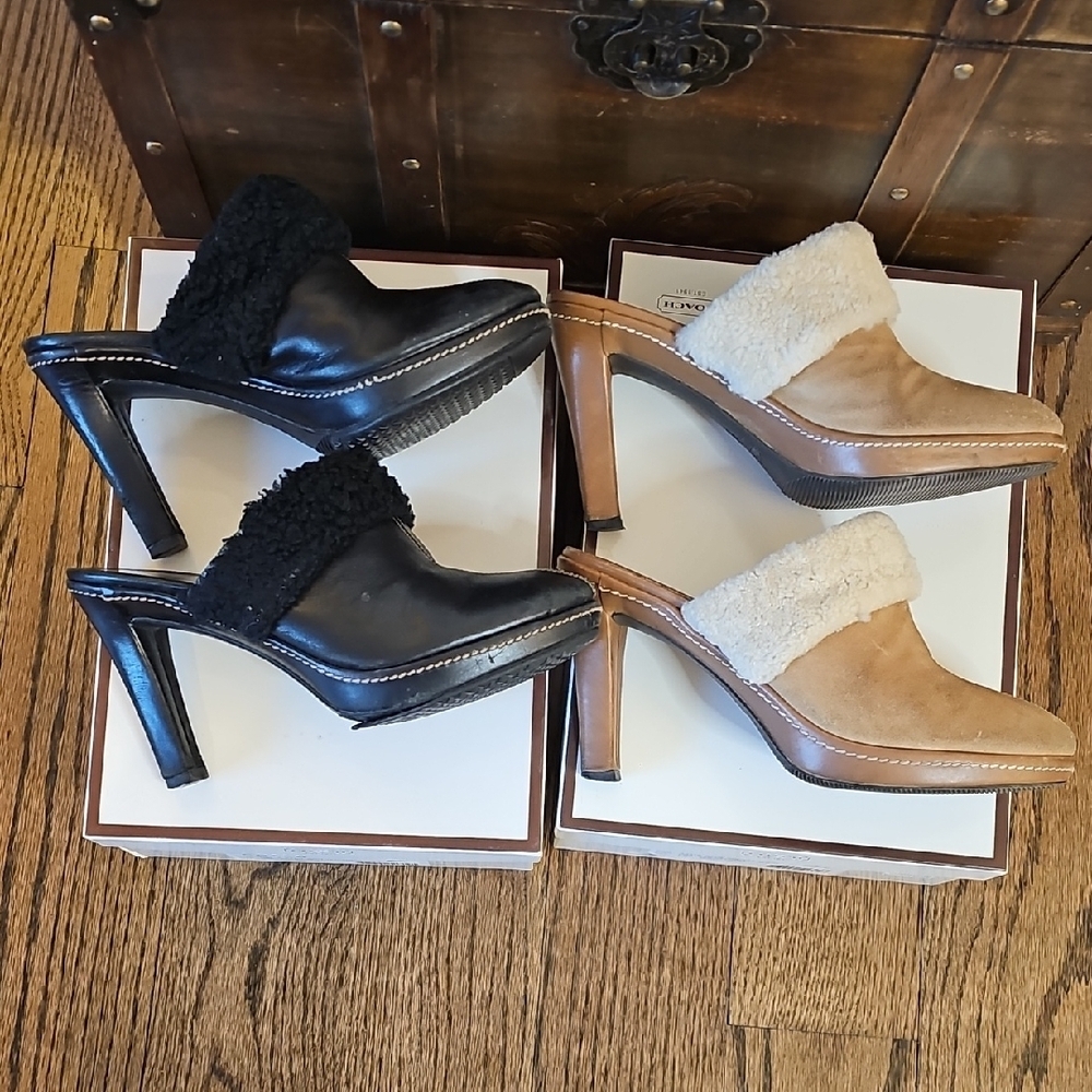 Vintage Coach Women's Black and Tan Shearling Mules - Make Offer - Picture 9 of 17